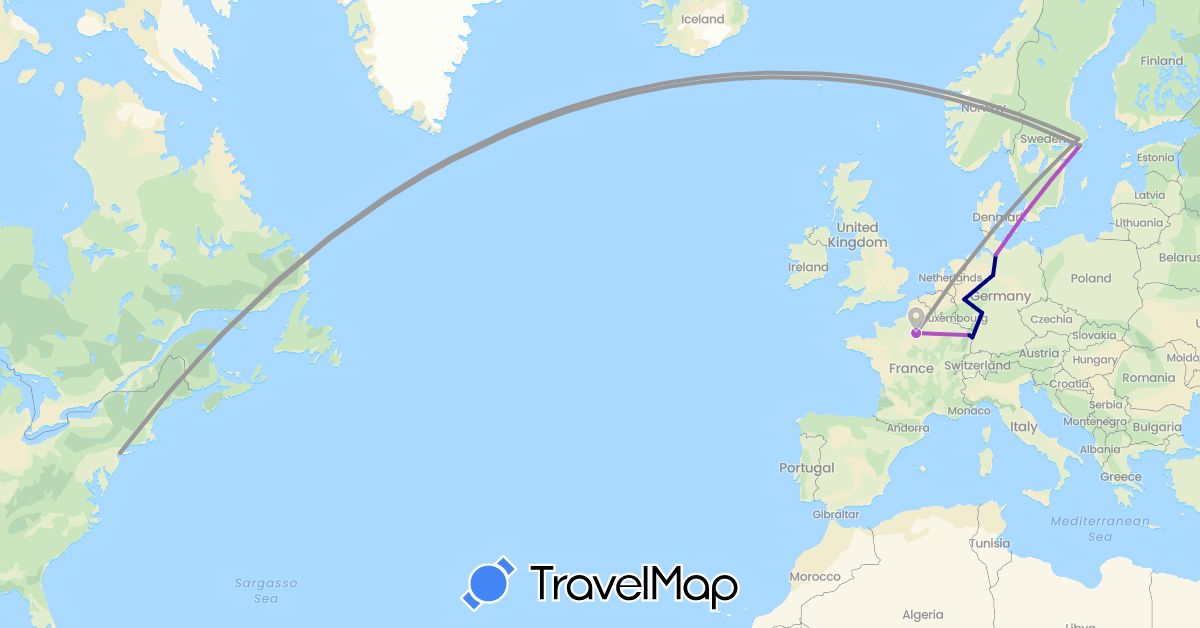 TravelMap itinerary: driving, plane, train in Germany, Denmark, France, Sweden, United States (Europe, North America)